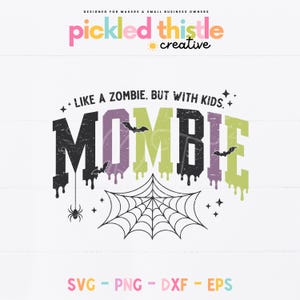 May include: A graphic design featuring the word "MOMBIE" in black, purple, and green, with dripping effects and bat and spiderweb illustrations. The text "LIKE A ZOMBIE, BUT WITH KIDS" is above the word. The design includes "SVG - PNG - DXF - EPS" text.