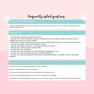 May include: A light blue and white graphic with the text "frequently asked questions" in black. The graphic includes information about custom orders, terms of use, and how to access digital items.