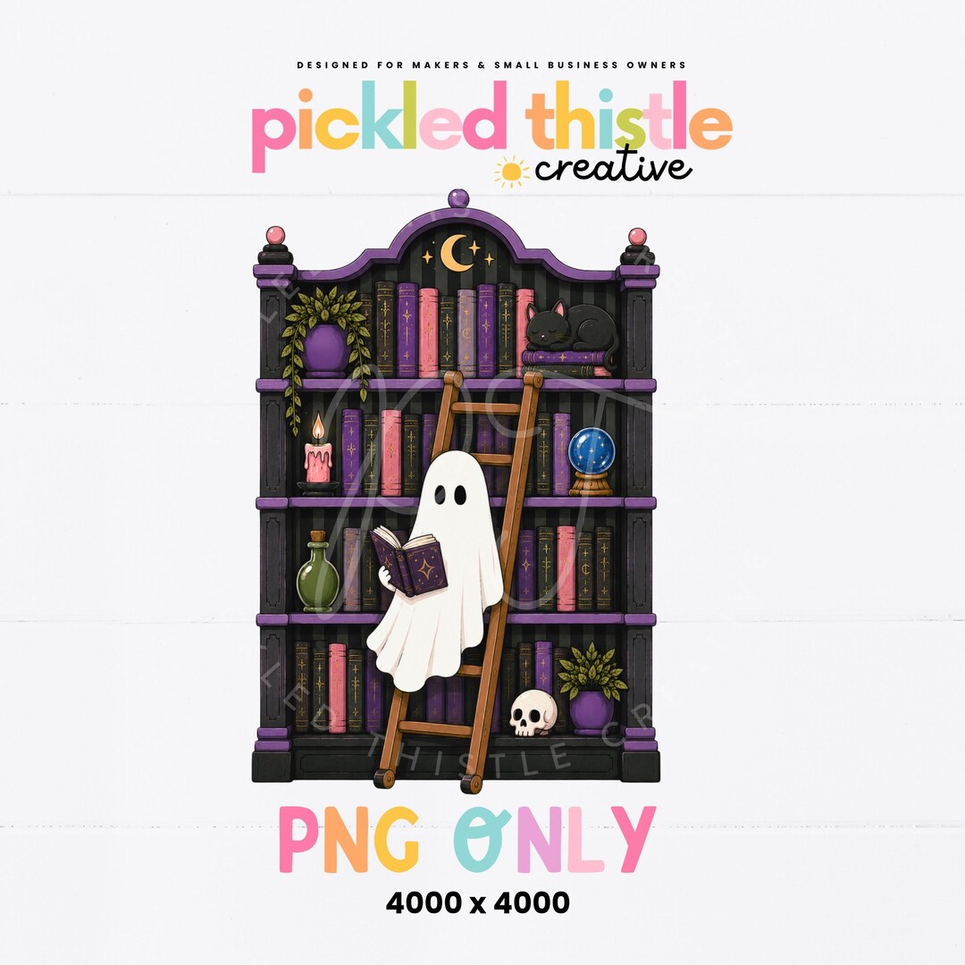 Ghost Reading Book PNG, Halloween Ghost Bookshelf PNG, Spooky Library ...