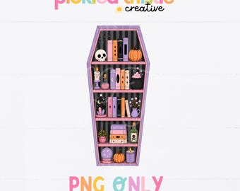 Halloween Coffin Bookshelf PNG, Spooky Bookcase Clipart, Cute Gothic Halloween Shelf PNG, Pastel Goth Sublimation Design, Haunted Bookshelf