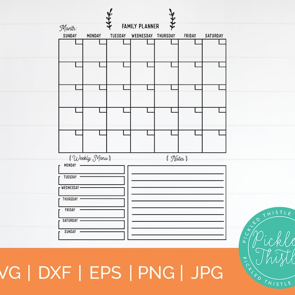 Customizable Family Calendar SVG - Monthly Calendar SVG