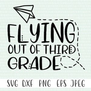 Pode incluir: Design gráfico preto e branco com um avião de papel voando para fora de uma caixa de linhas tracejadas. O texto diz "Flying out of third grade".
