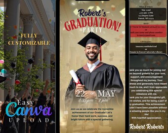 Puede incluir: Una invitación a una fiesta de graduación con una foto de un graduado con toga y birrete, sosteniendo un diploma. La invitación es para la fiesta de graduación de Robert, el 22 de mayo, de 4:30 pm a 7 pm. Incluye la ubicación, la información de RSVP y los detalles del registro de regalos.