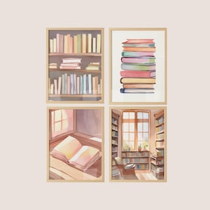 Cozy Library & Bookshelf Digital Art Set | Book-Themed Wall Decor | Set of 4 Prints | Book Lover’s Home Decor | Instant Download