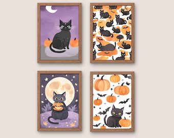 Halloween Black Cat Art Print Set | Spooky Home Decor (Digital Download)