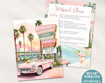 Convite para festa de despedida de solteira em Palm Springs | Itinerário retrô para despedida de solteira | Modelo editável do Canva | Download digital