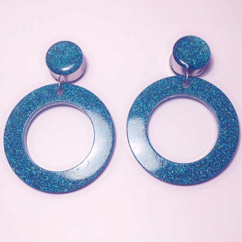 18mm Large 70/'s style turquoise holo glitter dangle plugs!