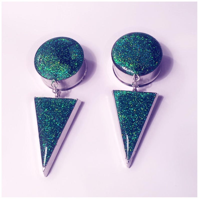 Dark green holographic glitter arrow dangle plugs!