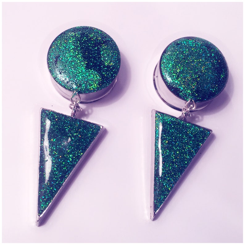 Dark green holographic glitter arrow dangle plugs!