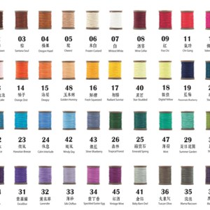May include: A chart of 48 spools of thread, each with a different colour and a number. The spools are arranged in rows of six, with the numbers 01 to 48 printed below each spool. The chart is a guide to different thread colours.