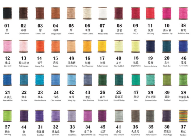 May include: A chart of 48 spools of thread, each with a different colour and a number. The spools are arranged in rows of six, with the numbers 01 to 48 printed below each spool. The chart is a guide to different thread colours.