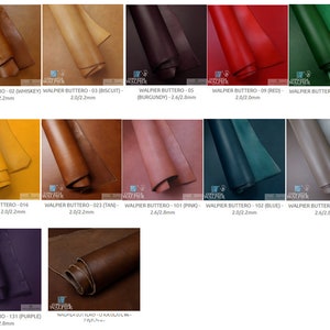 May include: A collection of 11 leather swatches in various colours, including whiskey, biscuit, burgundy, red, green, yellow, tan, pink, blue, grey, and purple. Each swatch is rolled up and labelled with the name and thickness of the leather.