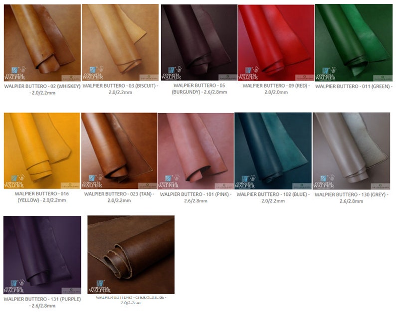 May include: A collection of 11 leather swatches in various colours, including whiskey, biscuit, burgundy, red, green, yellow, tan, pink, blue, grey, and purple. Each swatch is rolled up and labelled with the name and thickness of the leather.