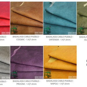 May include: A collection of leather swatches in various colours, including red, brown, blue, green, grey, purple, and yellow. The swatches are labelled with the name "Badalassi Carlo Pueblo" and the colour name, along with the thickness of the leather in millimetres. The text "Badalassi Carlo Pueblo Colours" is also visible.