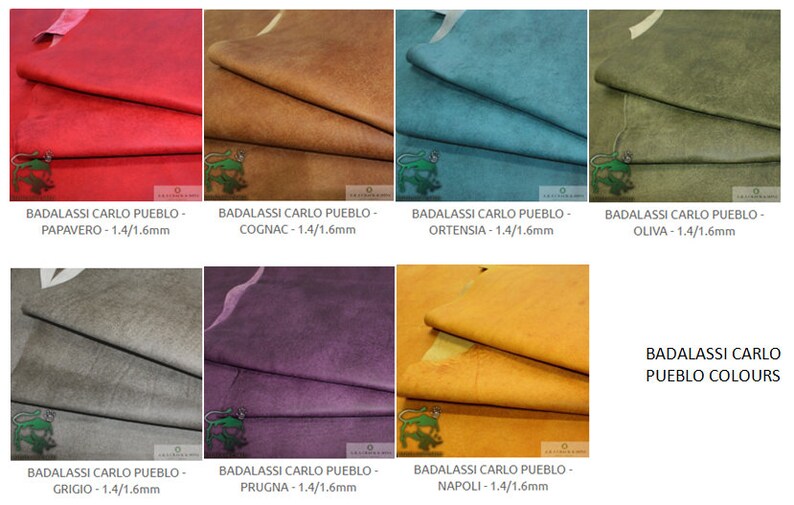 May include: A collection of leather swatches in various colours, including red, brown, blue, green, grey, purple, and yellow. The swatches are labelled with the name "Badalassi Carlo Pueblo" and the colour name, along with the thickness of the leather in millimetres. The text "Badalassi Carlo Pueblo Colours" is also visible.