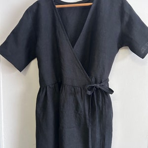 AMANDA, Linen wrap dress, linen midi dress, linen dress with pockets and sleeves