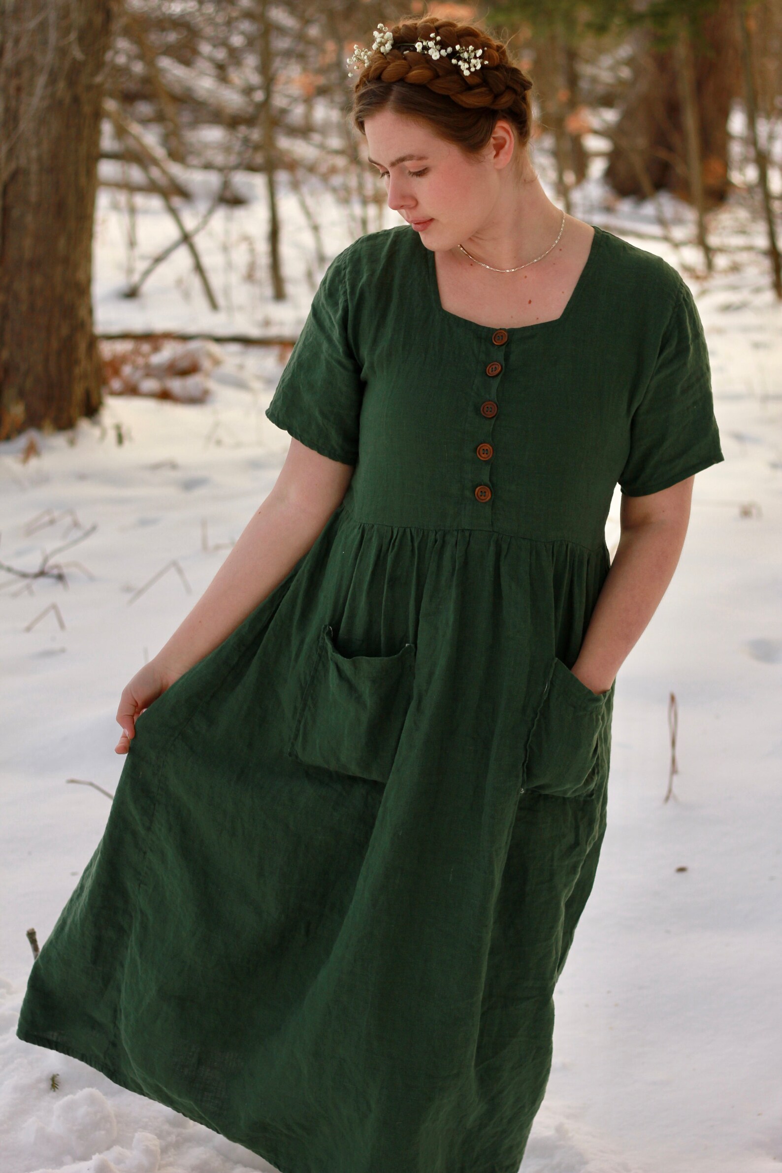 Nora – Square Neck Linen Dress with Butterfly Sleeves