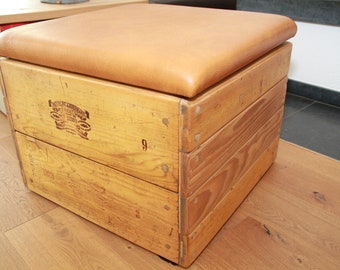 Vintage Hocker Kiste Spielzeugkiste Spielkiste Holz Leder Klappdeckel Sitzmöbel