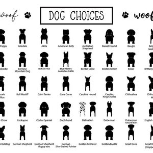 May include: A black and white graphic featuring silhouettes of various dog breeds, including a Bulldog, German Shepherd, and Golden Retriever. The text "DOG CHOICES" is displayed above the dog illustrations, with paw prints and the word "woof" on either side.
