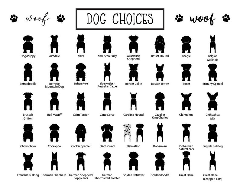 May include: A black and white graphic featuring silhouettes of various dog breeds, including a Bulldog, German Shepherd, and Golden Retriever. The text "DOG CHOICES" is displayed above the dog illustrations, with paw prints and the word "woof" on either side.
