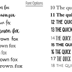 May include: A white background displays 18 font options, each showcasing the phrase "The quick brown fox." The fonts vary in style, from elegant scripts to bold, sans-serif designs, offering a diverse selection for design projects.