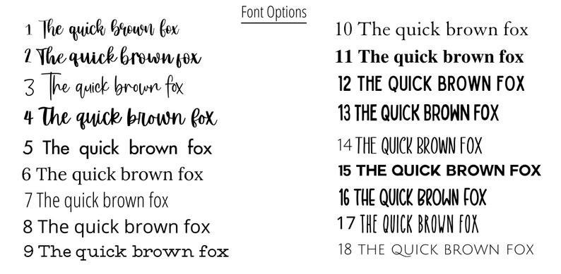 May include: A white background displays 18 font options, each showcasing the phrase "The quick brown fox." The fonts vary in style, from elegant scripts to bold, sans-serif designs, offering a diverse selection for design projects.