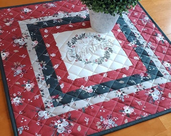 Christmas Quilted Table Topper with Embroidered Holly wreath, Tablerunner for the Holidays, Homemade centerpiece for Christmas and Winter