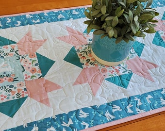 Quilted Table Runner for Spring Easter with Bunny Rabbit and Flowers, Extra Large table topper centerpiece table decor, table mat