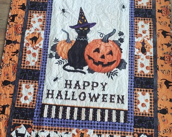 Halloween Kitty Cat Throw or Lap Quilt | Handmade Fall Quilted Blanket