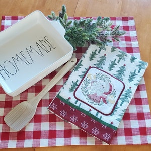 Christmas Kitchen Dish Towel with Embroidered Santa Claus, Christmas Trees and fabric snowflake accents, Farmhouse decor linens