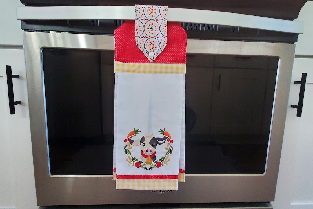 Hanging Kitchen Towel, Oven Towel, Tea Towel, Cow Towel, Embroidered