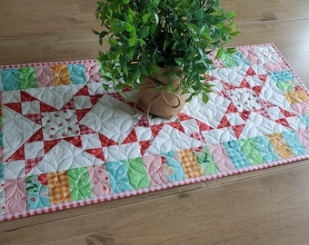 Quilted Patchwork Table runner for Spring or Summer | bright colored table top quilt with stars, strawberries, bees and flowers