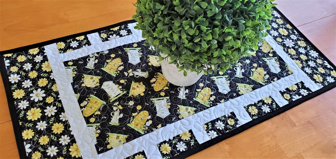 Quilted Table Runner With Bees, Table Centerpiece in Black and Yellow ...