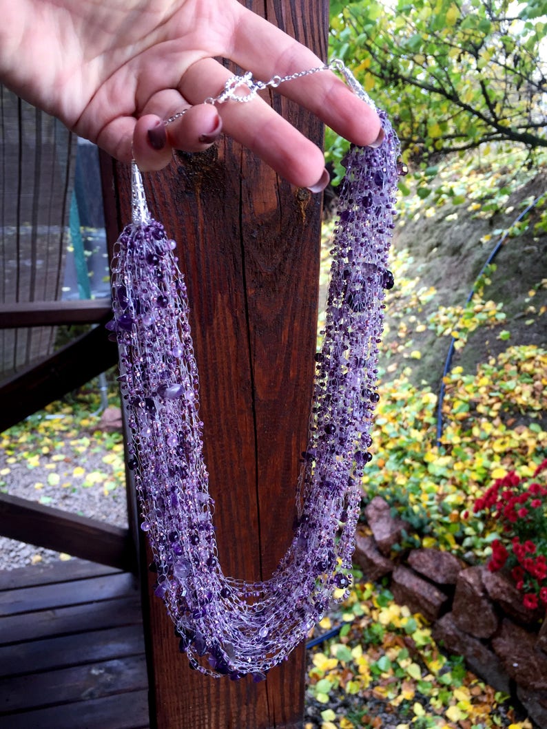 Multistrand necklace purple women Statement wife gift Lavender necklace Illusion necklace Solitaire necklace Amethyst jewelry Chunky choker