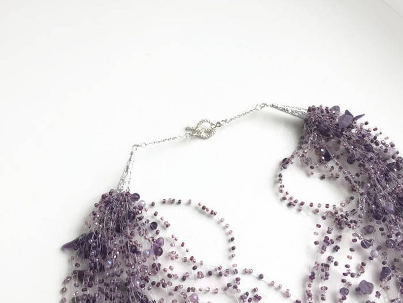 Multistrand necklace purple women Statement wife gift Lavender necklace Illusion necklace Solitaire necklace Amethyst jewelry Chunky choker