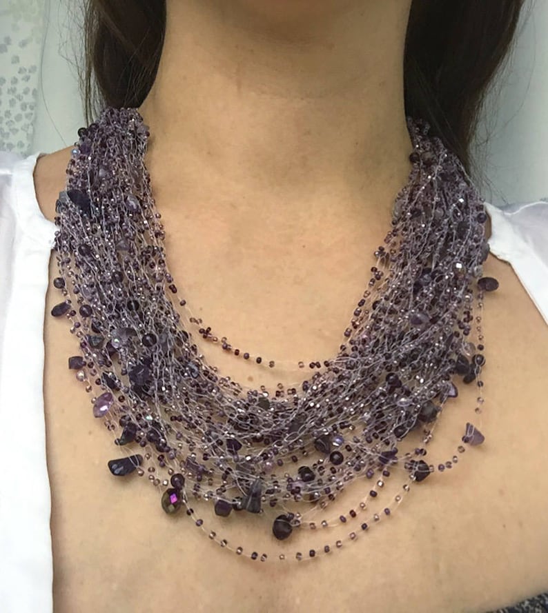 Multistrand necklace purple women Statement wife gift Lavender necklace Illusion necklace Solitaire necklace Amethyst jewelry Chunky choker