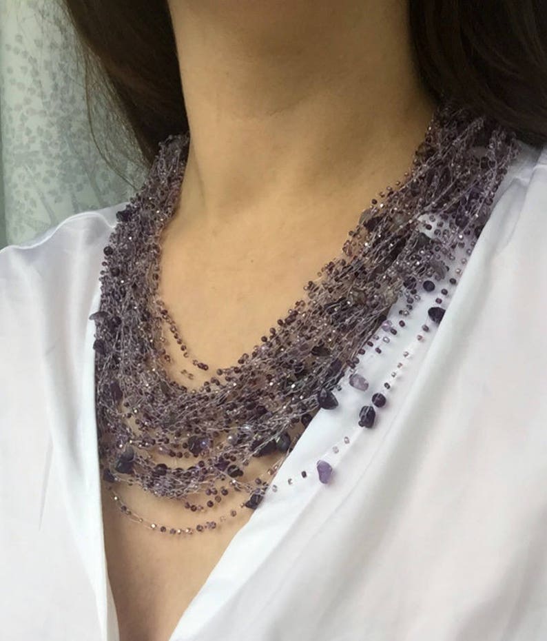 Multistrand necklace purple women Statement wife gift Lavender necklace Illusion necklace Solitaire necklace Amethyst jewelry Chunky choker
