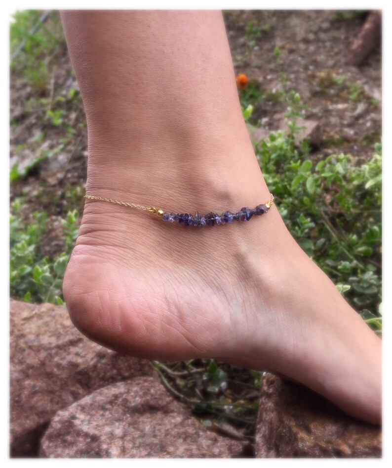 Iolite bracelet for feet Purple raw crystal anklet Water sapphire ankle bracelet Natural stone jewelry Crown chakra healing energy