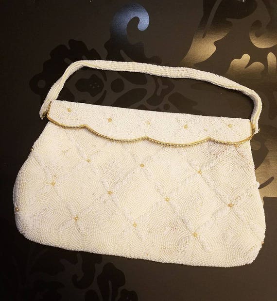 La Regale White Beaded Vintage Handbag. Italian glass beaded evening purse,  made in Japan.