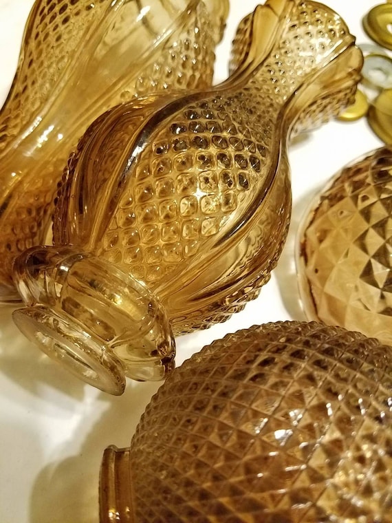 Vintage amber glass lamp parts and brass parts, Vintage glass, Glass lamp parts, Amber glass, Crafting