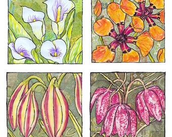 Puede incluir: Un collage de cuatro pinturas de flores diferentes. La imagen superior izquierda muestra lirios blancos con acentos morados. La imagen superior derecha muestra flores naranjas con acentos negros. La imagen inferior izquierda muestra flores rosas y amarillas. La imagen inferior derecha muestra flores rosas sobre un fondo texturizado.