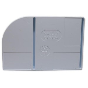May include: A white plastic corner shelf bracket with a rounded edge and a groove down the centre. The bracket has a label that says "Made in Canada" and a recycling symbol with the number 3 inside.