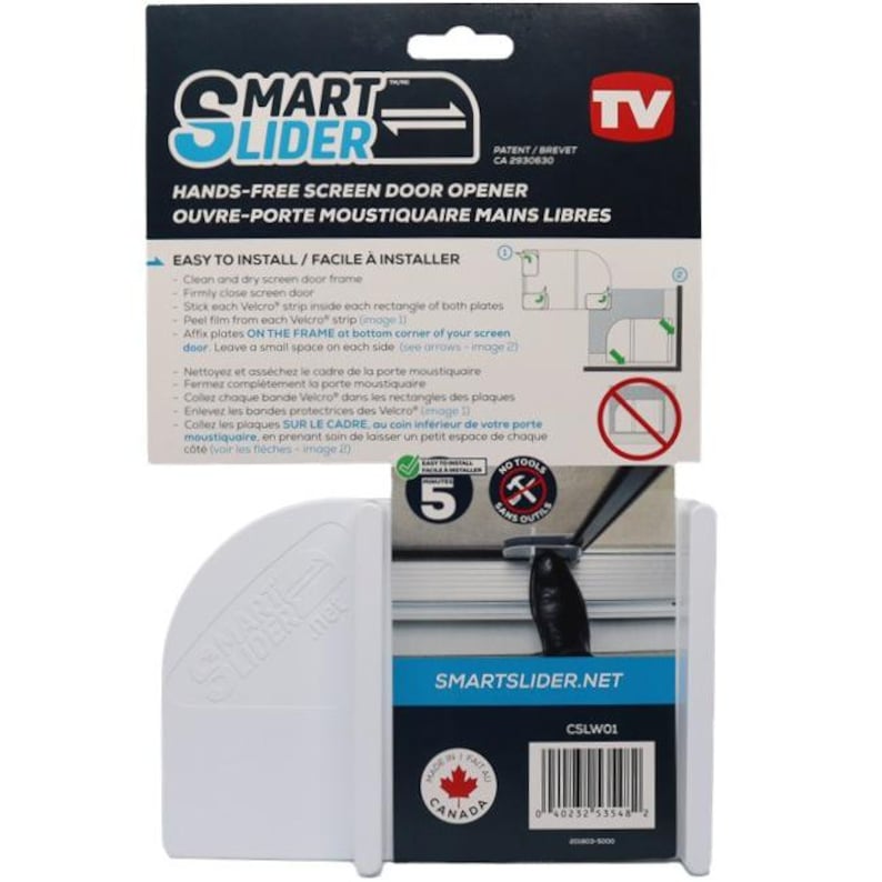 May include: White plastic hands-free screen door opener with the text "Smart Slider" and "Hands-Free Screen Door Opener" on the packaging. The product is made in Canada and has a patent number.