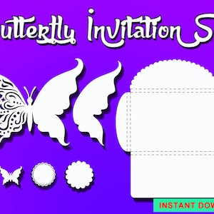 BUTTERFLY INVITATION SET Téléchargement instantané svg eps pdf png studio dxf ai jpg plt Découpe laser et modèle traceur Silhouette Cricut etc...