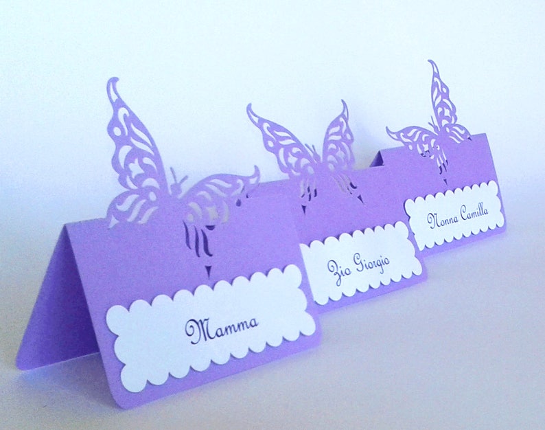 50 Segnaposto Farfalle Per Bicchieri | Decorazione Matrimoni E Feste | In Carta Laser Viola - Foto 6