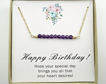 Birthday Gift for Her, Birthday Card, Gift for Woman, Simple Delicate Beaded Necklace, Amethyst Bar Necklace