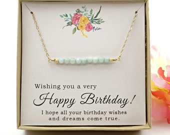 Birthday Gift for Her, Birthday Card, Gift for Woman, Simple Delicate Beaded Necklace, Aqua Jade Bar Necklace
