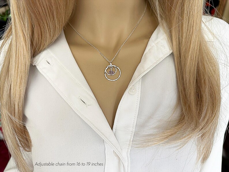May include: A silver necklace with a double circle pendant and a small purple stone in the center. The chain is adjustable from 16 to 19 inches.