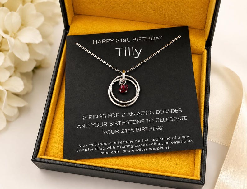 21st Birthday Gift Necklace: Birthday Gift, Jewelry Gift For Her, 21st Birthday Card Same Size Rings