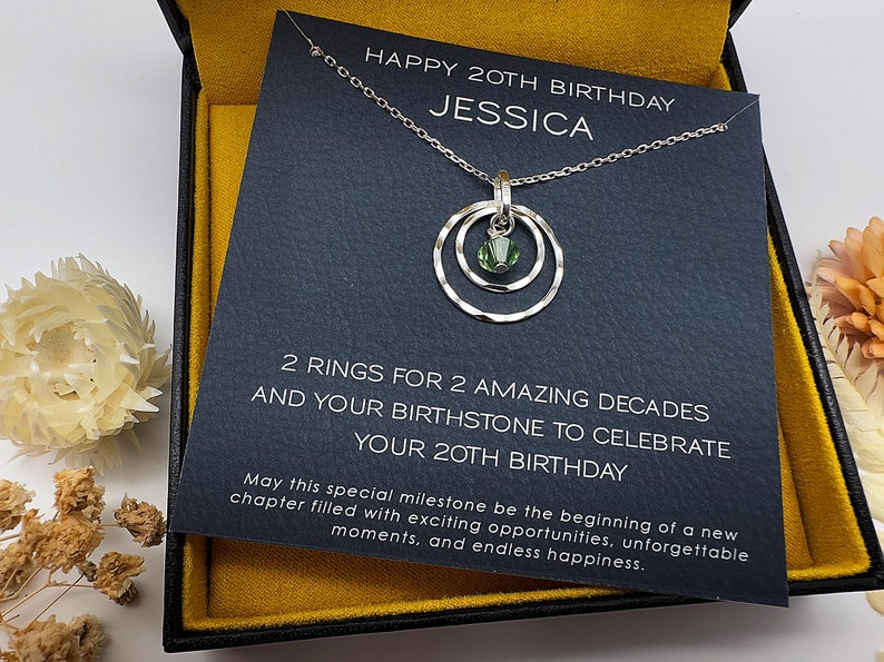 Personalized 20th Birthday Gift for Her Hammered Rings with Birthstone and Message Card on Etsy